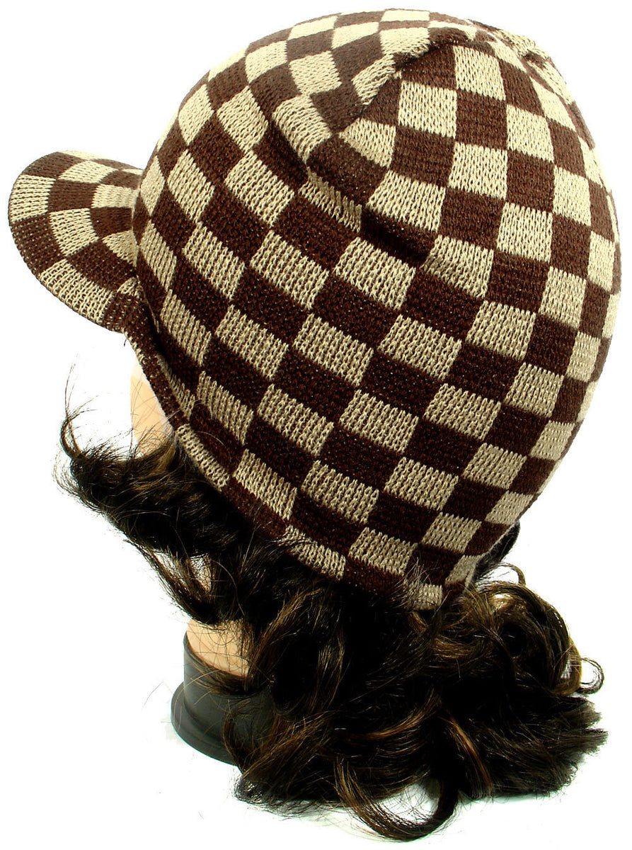 Brown Checkers Warm Winter Knit Crochet Braided Baggy Visor Beanie Hat –  buybuy-luv