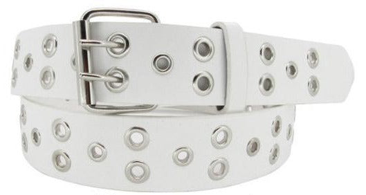 White 2-1 Hole Row Silver Grommets Bonded Leather Belt Removable