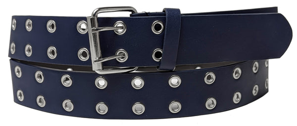 Navy Blue 2 Holes Row Silver Grommets Bonded Leather Belt Removable Buckle