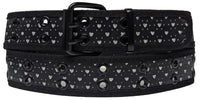 Silver Glitters Hearts 2 Holes Row Metal Grommet Stitched Black Leather Web Belt