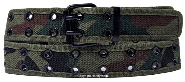 Woodland Camouflage 2 Holes Row Metal Grommet Stitched Canvas Fabric Military Web Belt