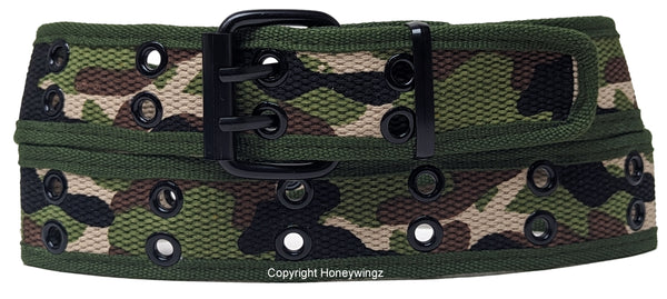 Camouflage Brown 2 Holes Row Metal Grommet Stitched Canvas Fabric Web Belt