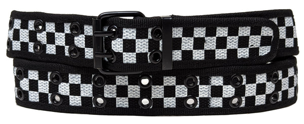 Black White Checkers 2 Holes Row Metal Grommet Stitched Canvas Fabric Black Web Belt