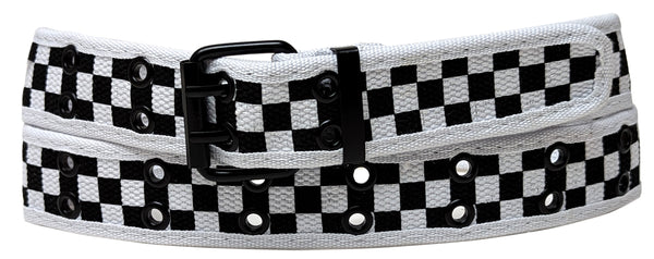 Black White Checkers 2 Holes Row Metal Grommet Stitched Canvas Fabric White Web Belt