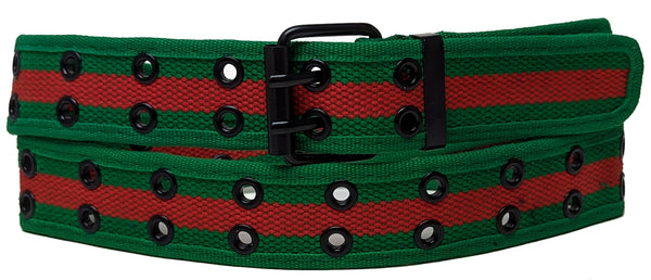Green / Red 2 Holes Row Metal Grommet Stitched Canvas Fabric Web Belt
