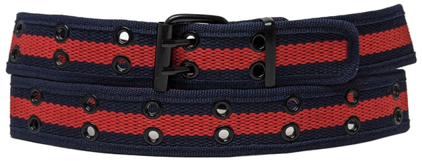 Navy / Red 2 Holes Row Metal Grommet Stitched Canvas Fabric Military Web Belt
