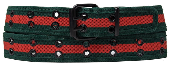 Dark Green / Red 2 Holes Row Metal Grommet Stitched Canvas Fabric Web Belt