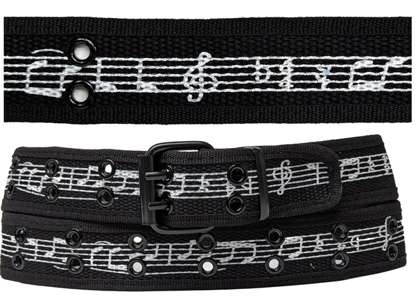 Music Notes 2 Holes Row Metal Grommets Stitched Canvas Fabric Military Web Belt