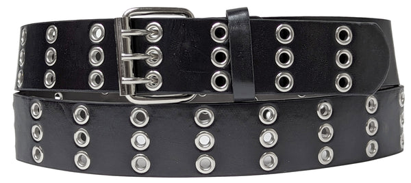 Black 3 Holes Row Silver Grommets Bonded Leather Belt Removable Buckle