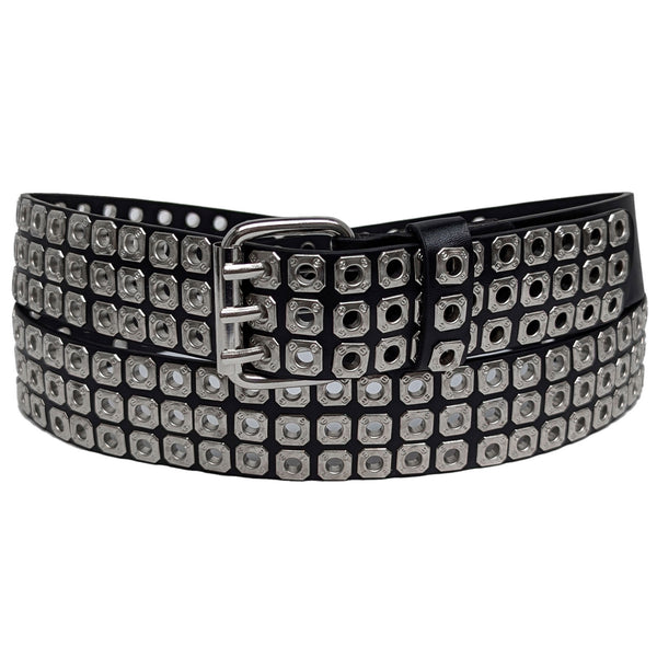 Silver 3Holes Rows Square Grommets Black Bonded Leather Belt