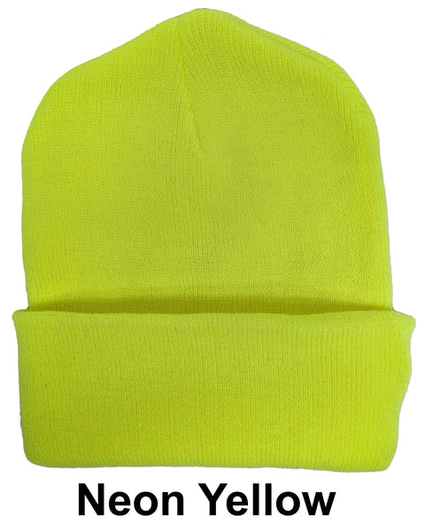 Neon Yellow Unisex Plain Warm Knit Beanie Hat Cuff Skull Ski Cap