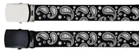 White Paisley Black Adjustable Canvas Military Web Belt With Metal Buckle 32" to 72"