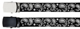 White Paisley Black Adjustable Canvas Military Web Belt With Metal Buckle 32" to 72"
