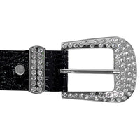 Silver Bling Crystals Rhinestones 1 Hole Grommets Black Bonded Leather Belt