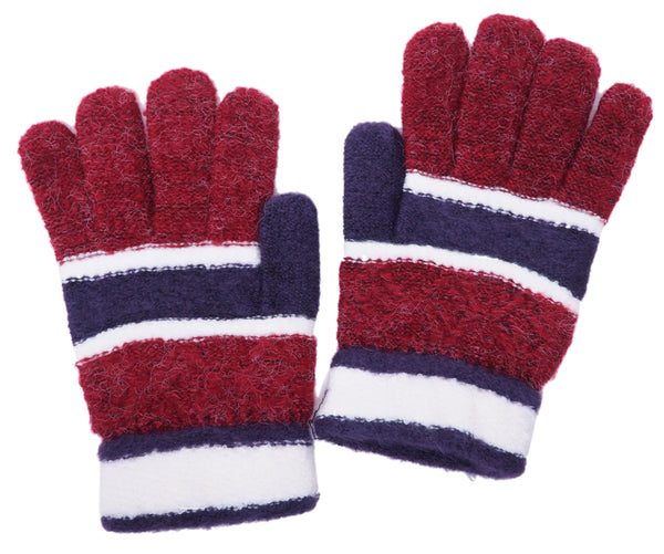 Burgundy Purple White Knitted Winter Warm Stretch Gloves One Size