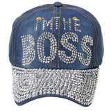 "I'M THE BOSS" Bling Rhinestones Light Blue Jean Baseball Cap Curved Visor Hat