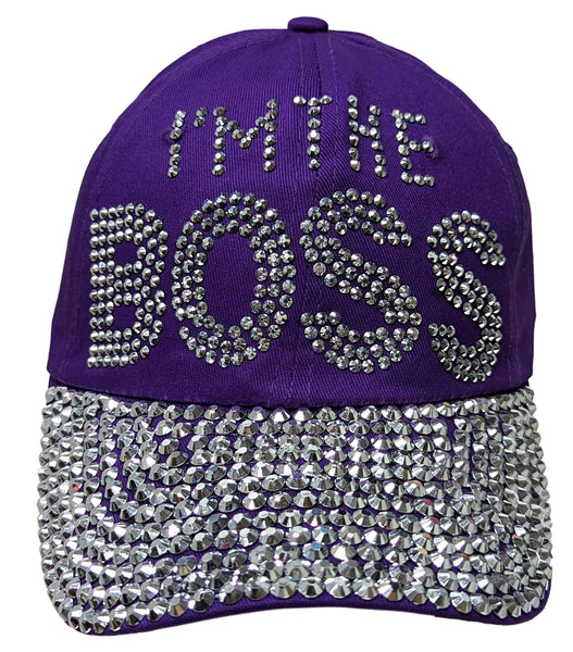 "I'M THE BOSS" Bling Rhinestones Purple Baseball Cap Curved Visor Hat