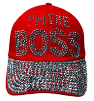"I'M THE BOSS" Bling Rhinestones Red Baseball Cap Curved Visor Hat