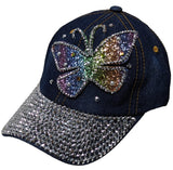 Rainbow Butterfly Bling Rhinestones Blue Jean Baseball Cap Curved Visor Hat