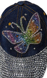 Rainbow Butterfly Bling Rhinestones Blue Jean Baseball Cap Curved Visor Hat