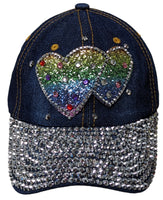 Rainbow Hearts Bling Rhinestones Blue Jean Baseball Cap Curved Visor Hat