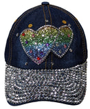 Rainbow Hearts Bling Rhinestones Blue Jean Baseball Cap Curved Visor Hat