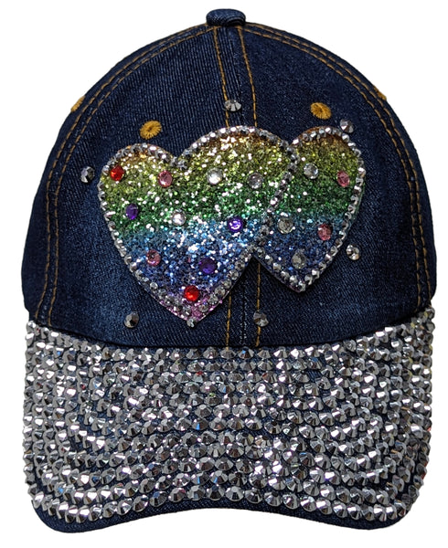 Rainbow Hearts Bling Rhinestones Blue Jean Baseball Cap Curved Visor Hat