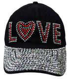 "LOVE" Bling Rhinestones Black Baseball Cap Curved Visor Hat