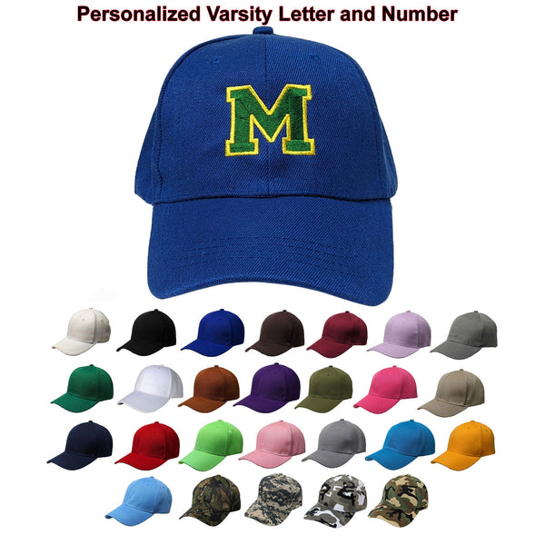 Personalized Embroidered Varsity Letter and Number Baseball Cap, Adjustable Hat