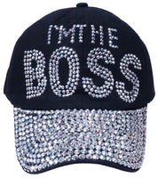 "I'M THE BOSS" Bling Rhinestones Black Baseball Cap Curved Visor Hat