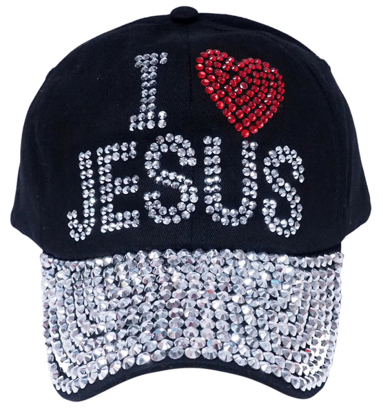 "I LOVE JESUS" Bling Rhinestones Black Baseball Cap Curved Visor Hat