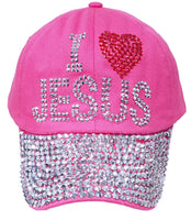 "I LOVE JESUS" Bling Rhinestones Pink Baseball Cap Curved Visor Hat