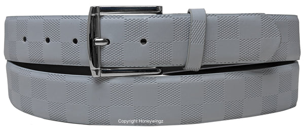 Gray Embossed Checkers Bonded Leather Belt with Silver Chrome Belt Buckle