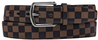 Brown Checkers Designer Leather Belt with Silver Chrome Metal Buckle