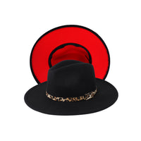 Black / Red Leopard Band Fedora Panama Upturn Wide Brim Cotton Blend Felt Hat