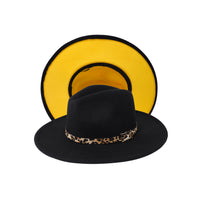 Black / Yellow Leopard Band Fedora Panama Upturn Wide Brim Cotton Blend Felt Hat