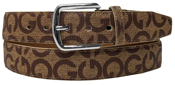 Brown G Logo Style Designer Leather Belt with Silver Chrome Metal Buckle