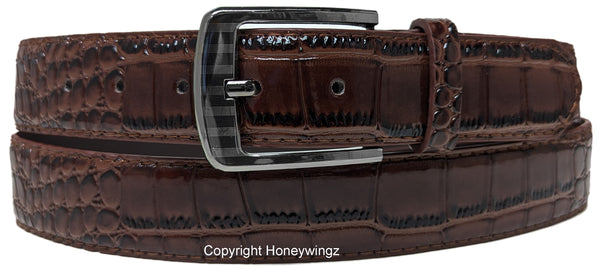 Men Dark Brown2 Faux Crocodile Alligator Skin Leather Belt