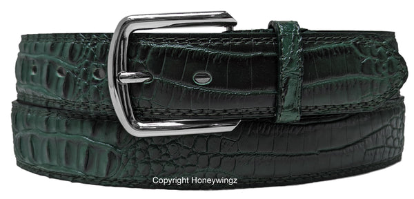 Men Green Faux Crocodile Alligator Skin Leather Belt