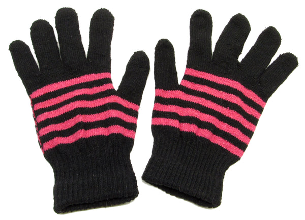 gloves-Stripes Black Pink Knitted Winter Warm Stretch Gloves One Size
