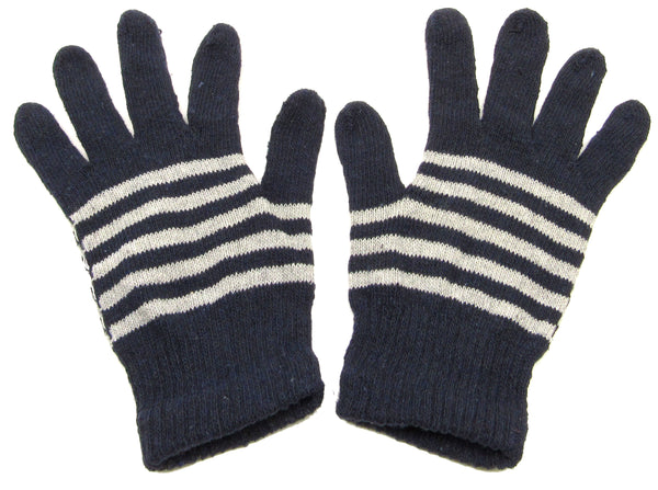Stripes - Navy White Knitted Winter Warm Stretch Gloves One Size