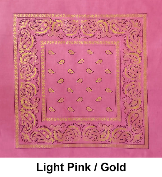Light Pink / Gold Paisley Design Print Cotton Bandana (22 inches x 22 inches)