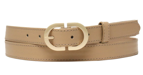 Beige Ladies Designer Style Stitch Leather Belt Gold Belt Buckle