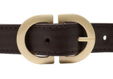 Dark Brown Ladies Designer Style Stitch Leather Belt Gold Belt Buckle