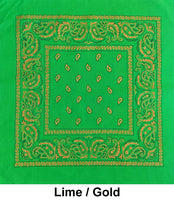 Lime Green / Gold Paisley Print Designs Cotton Bandana (22 inches x 22 inches)