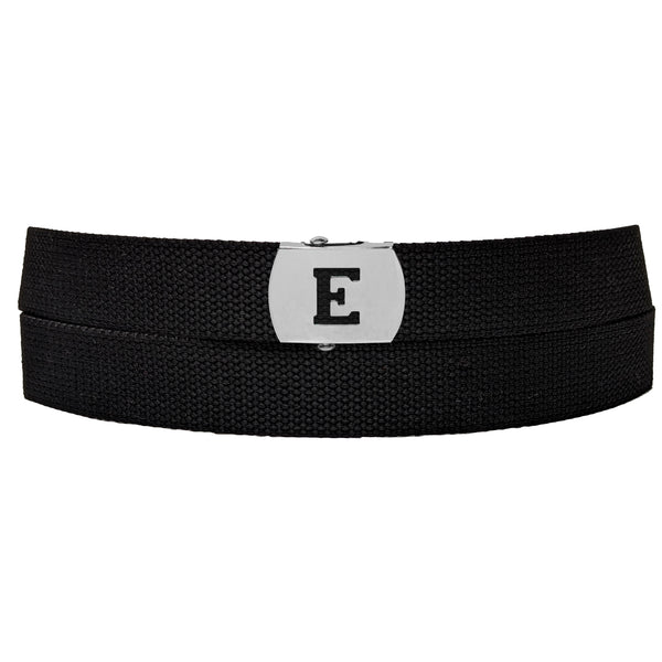 Initial E Buckle Black Adjustable Canvas Web Belt With Metal Buckle 32" to 72"