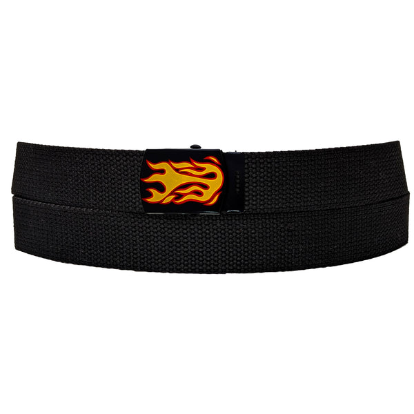 Flame Style 1 Black Adjustable Canvas Web Belt With Metal Buckle 32" to 72"