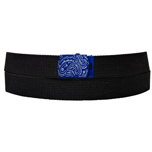 Blue Paisley Buckle Black Adjustable Canvas Web Belt With Metal Buckle 32" to 72"