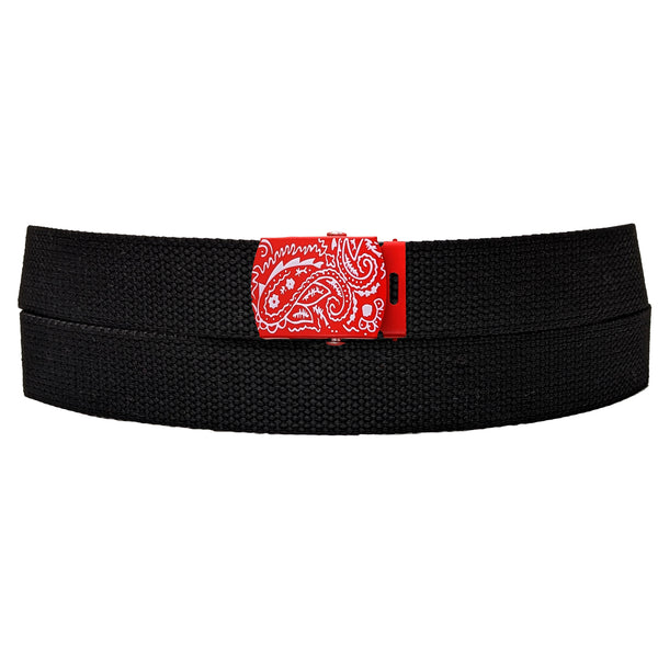 Red Paisley Buckle Black Adjustable Canvas Web Belt With Metal Buckle 32" to 72"
