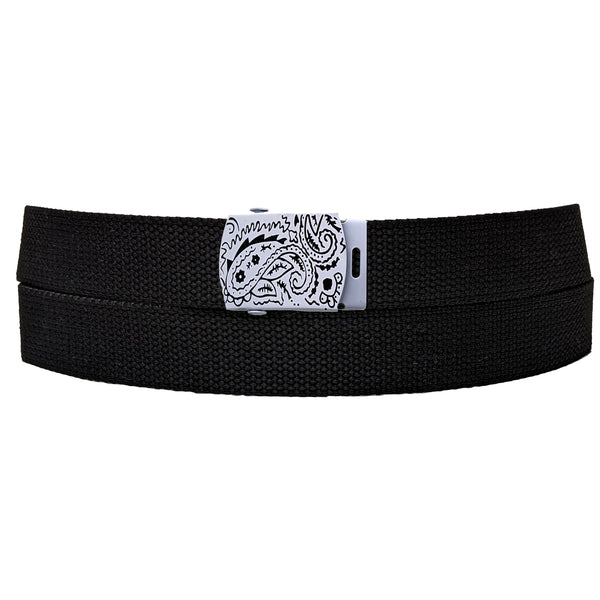 White Paisley Buckle Black Adjustable Canvas Web Belt With Metal Buckle 32" to 72"